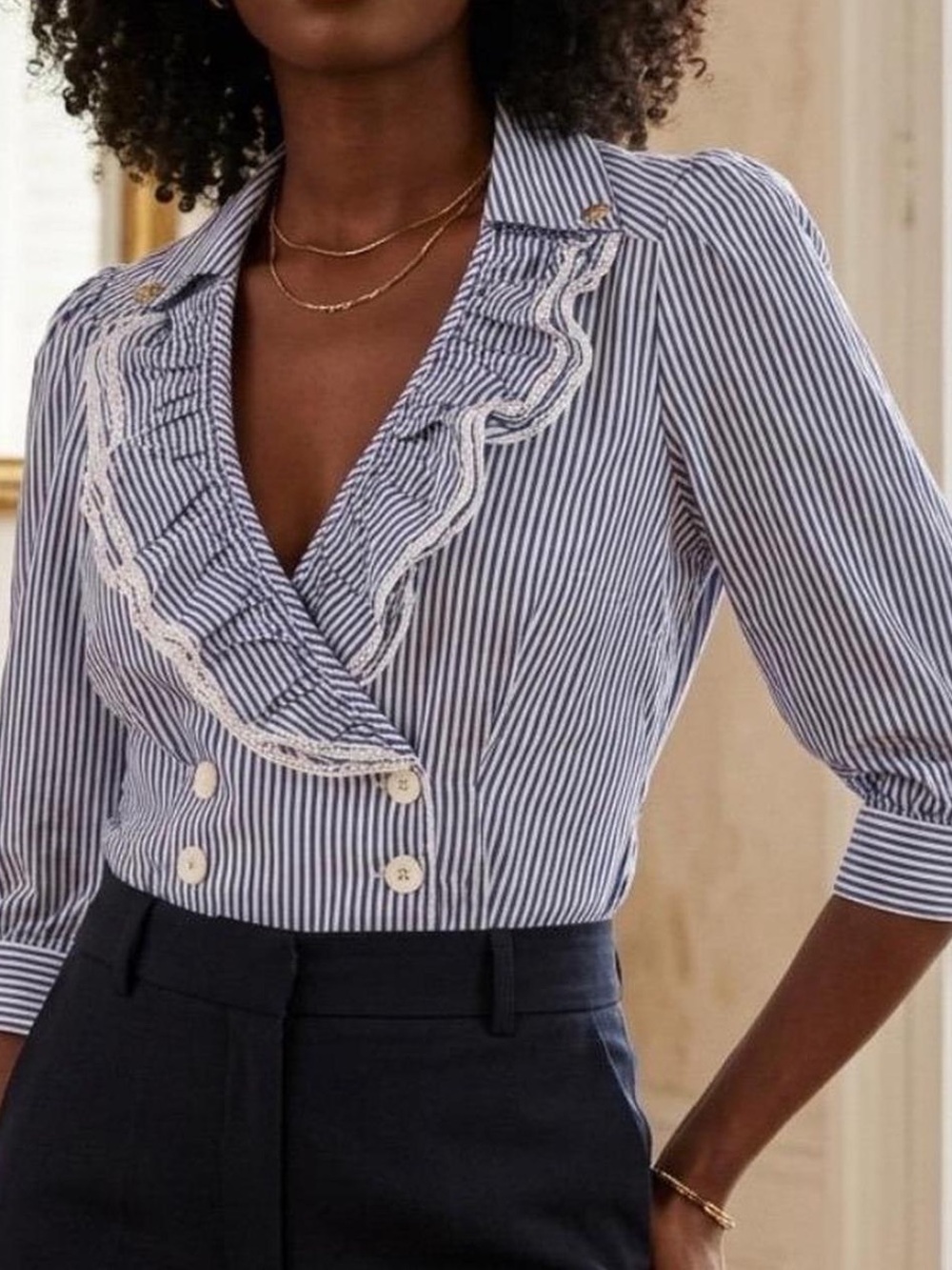 Mayle Navy & White Striped Ruffle Wrap Button-Down Blouse